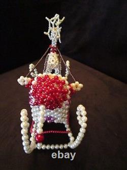 Handcrafted Christmas Sleigh Santa reindeer beaded pearls Art display 16 W Big