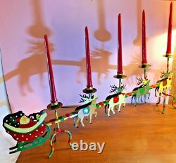 Handmade Christmas Santa Reindeer Sleigh Mantel Candle Holder Hand Painted 32 L