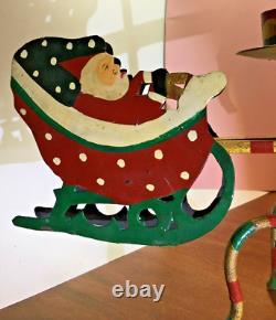 Handmade Christmas Santa Reindeer Sleigh Mantel Candle Holder Hand Painted 32 L