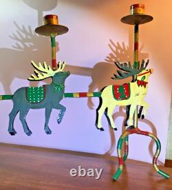 Handmade Christmas Santa Reindeer Sleigh Mantel Candle Holder Hand Painted 32 L