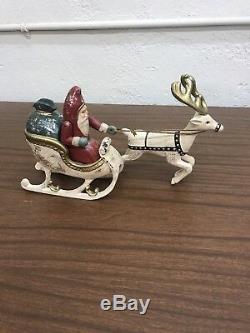 Heavy Cast Iron Santa In Sleigh With Reindeer