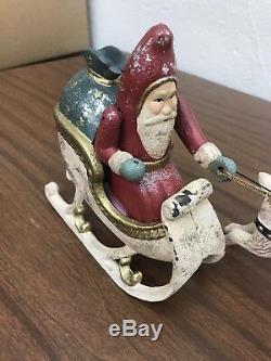 Heavy Cast Iron Santa In Sleigh With Reindeer