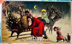 Hold-To-Light Christmas Mailick Art Angels Help Santa Load Sleigh Reindeer Snow