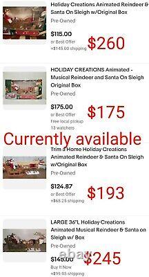 Holiday Creations Animated Musical Lighted Santa Sleigh Reindeer 1998 SEE VIDEO