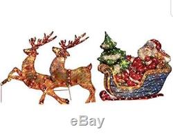 Holographic Santa in Sleigh 2 Reindeer Prelit Outdoor Holiday Lighting Twinkle