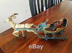 Hubley Santa and Reindeer Sleigh 1910 Cast Iron Christmas rare blue gold 15 inch