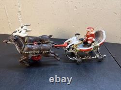 Hubley Style Cast Iron Santa Claus Sleigh & Reindeer Christmas Decoration