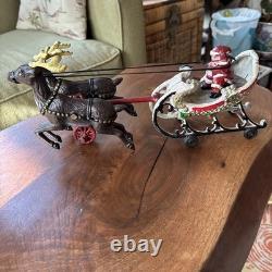 Hubley Style Cast Iron Santa Claus Sleigh & Reindeer Christmas Decoration