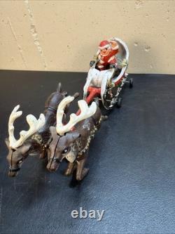 Hubley Style Cast Iron Santa Claus Sleigh & Reindeer Christmas Decoration