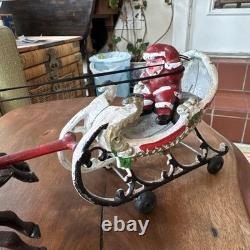 Hubley Style Cast Iron Santa Claus Sleigh & Reindeer Christmas Decoration