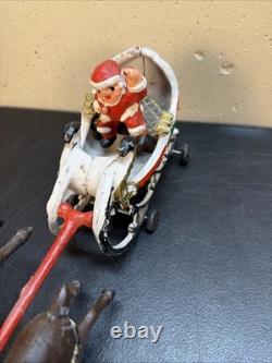 Hubley Style Cast Iron Santa Claus Sleigh & Reindeer Christmas Decoration