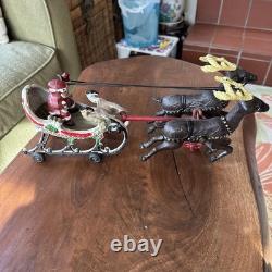 Hubley Style Cast Iron Santa Claus Sleigh & Reindeer Christmas Decoration