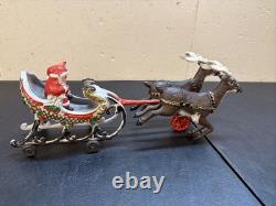 Hubley Style Cast Iron Santa Claus Sleigh & Reindeer Christmas Decoration