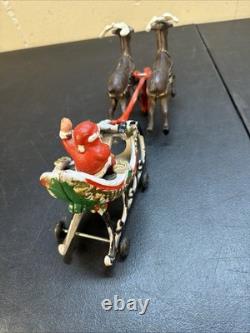 Hubley Style Cast Iron Santa Claus Sleigh & Reindeer Christmas Decoration