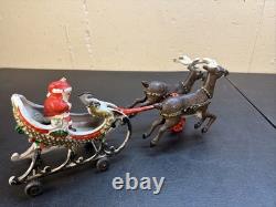 Hubley Style Cast Iron Santa Claus Sleigh & Reindeer Christmas Decoration