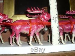 Huge 31 in. Santa white sleigh 8 large Japan celluloid reindeer deer Antique