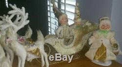 Huge Lot Annalee Ivory/Gold Elegant Santa, Mrs Claus, Elves, Sleigh & Reindeer