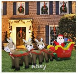 Inflatable Santa Claus Sleigh Reindeer Lighted Christmas Yard Outdoor 9.5 Ft L
