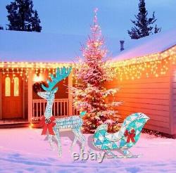 Iridescent Christmas Reindeer and Santa Sleigh Set Festive Holiday Decor Best
