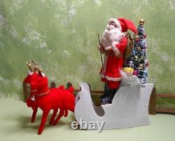 Japan 7 1/2 Santa in a Mica Sleigh with Two Reindeer, clay face, cotton