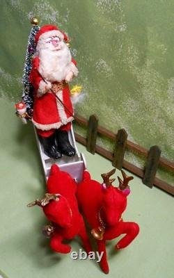 Japan 7 1/2 Santa in a Mica Sleigh with Two Reindeer, clay face, cotton