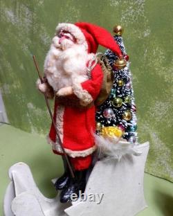Japan 7 1/2 Santa in a Mica Sleigh with Two Reindeer, clay face, cotton