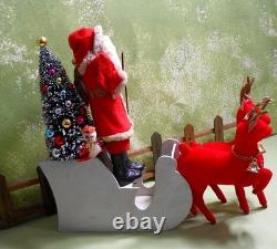 Japan 7 1/2 Santa in a Mica Sleigh with Two Reindeer, clay face, cotton