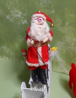 Japan 7 1/2 Santa in a Mica Sleigh with Two Reindeer, clay face, cotton