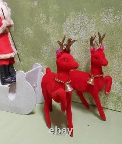 Japan 7 1/2 Santa in a Mica Sleigh with Two Reindeer, clay face, cotton