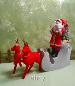 Japan 7 1/2 Santa in a Mica Sleigh with Two Reindeer, clay face, cotton