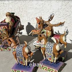 Jim Shore Delivering Joy Santa Sleigh And the 8 Dash Away Reindeer Figurines