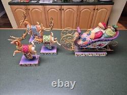 Jim Shore Santa Sleigh Delivering Joy & the 3 Dash Away Reindeer