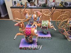 Jim Shore Santa Sleigh Delivering Joy & the 3 Dash Away Reindeer
