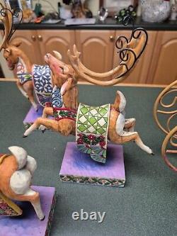 Jim Shore Santa Sleigh Delivering Joy & the 3 Dash Away Reindeer