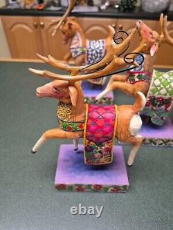 Jim Shore Santa Sleigh Delivering Joy & the 3 Dash Away Reindeer