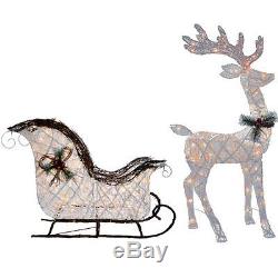 KNLSTORE 2pc PVC Vine Lighted 52 Reindeer Buck Deer & 40 Santa Sleigh Ride