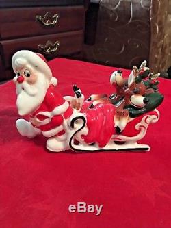 Kreiss & Co Santa Pulling Sleigh with Seated Reindeer Vintage Porcelain Figure