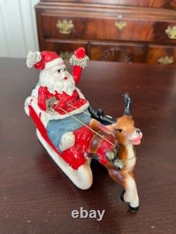 Kreiss Santa in Candy Cane Sleigh Pulled by Reindeer 1950's 5 x 6