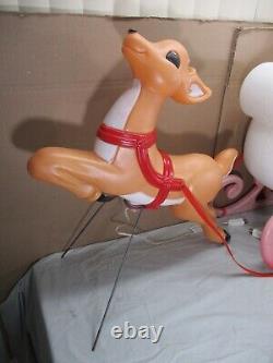 LARGE Vtg Santa's Sleigh with Reindeer Lighted Christmas Blow Mold Grand Venture