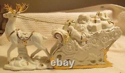 LENOX Santa With Sleigh & Reindeer Christmas Figurine Porcelain withGold Trim MINT