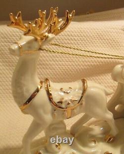 LENOX Santa With Sleigh & Reindeer Christmas Figurine Porcelain withGold Trim MINT