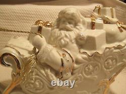 LENOX Santa With Sleigh & Reindeer Christmas Figurine Porcelain withGold Trim MINT