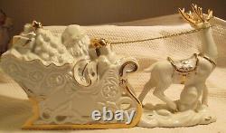 LENOX Santa With Sleigh & Reindeer Christmas Figurine Porcelain withGold Trim MINT