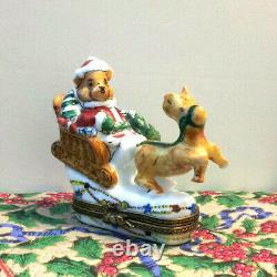 LIMOGES Santa Bear in Sleigh with Reindeer Trinket Box
