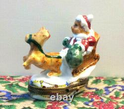 LIMOGES Santa Bear in Sleigh with Reindeer Trinket Box