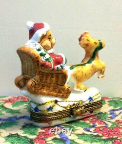 LIMOGES Santa Bear in Sleigh with Reindeer Trinket Box