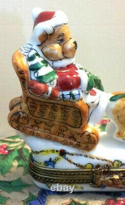 LIMOGES Santa Bear in Sleigh with Reindeer Trinket Box