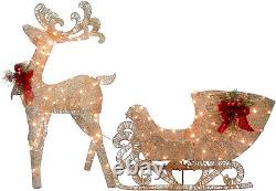 LN National Tree Co. Gold Glitter LED Lit Santa Sleigh & Reindeer Indoor Outdoor