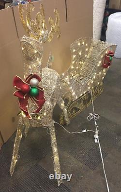 LN National Tree Co. Gold Glitter LED Lit Santa Sleigh & Reindeer Indoor Outdoor