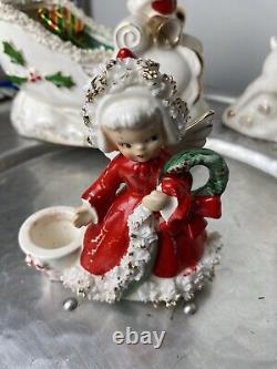 LOT Napco Sleigh Reindeer Japan Shopper Girl Santa Christmas Planter Bell